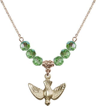 18" Hamilton Gold Plated Necklace with 4mm Peridot Crystal Beads featuring a 14kt Gold Filled Holy Spirit Medal.