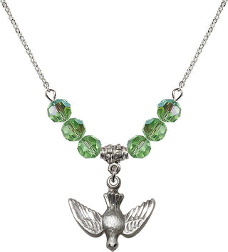 18" Rhodium Plated Necklace with 4mm Peridot Crystal Beads featuring a Sterling Silver Holy Spirit Medal.