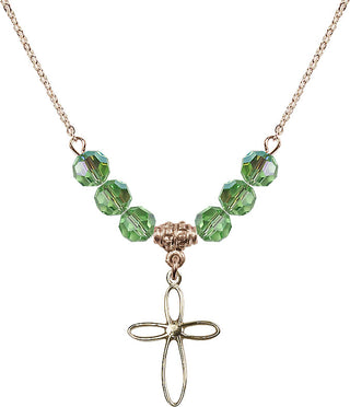 18" Hamilton Gold Plated Necklace with 4mm Peridot Crystal Beads featuring a 14kt Gold Filled Loop Cross Medal.