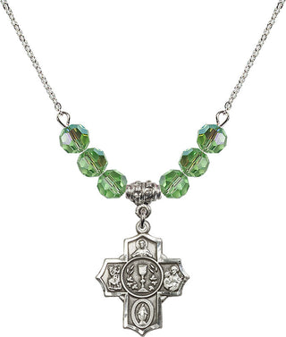 18" Rhodium Plated Necklace with 4mm Peridot Crystal Beads featuring a Sterling Silver Communion/5-Way Medal.