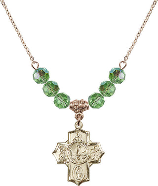 18" Hamilton Gold Plated Necklace with 4mm Peridot Crystal Beads featuring a 14kt Gold Filled 5-Way Medal.