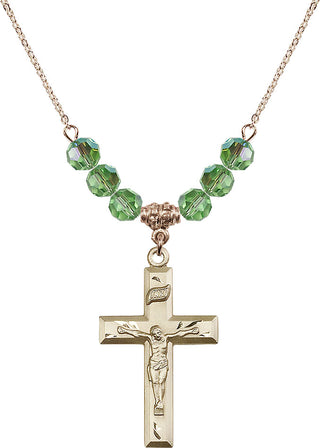 18" Hamilton Gold Plated Necklace with 4mm Peridot Crystal Beads featuring a 14kt Gold Filled Crucifix Medal.