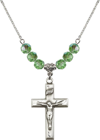 18" Rhodium Plated Necklace with 4mm Peridot Crystal Beads featuring a Sterling Silver Crucifix Medal.