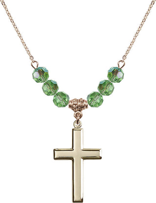 18" Hamilton Gold Plated Necklace with 4mm Peridot Crystal Beads featuring a 14kt Gold Filled Cross Medal.