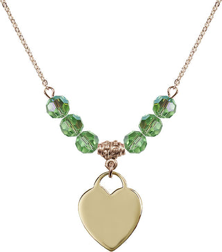18" Hamilton Gold Plated Necklace with 4mm Peridot Crystal Beads featuring a 14kt Gold Filled Heart Medal. Engraved Catholic Saint Jewelry