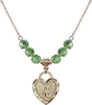 18" Hamilton Gold Plated Necklace with 4mm Peridot Crystal Beads featuring a 14kt Gold Filled Miraculous Heart Medal. Engraved Catholic Saint Jewelry