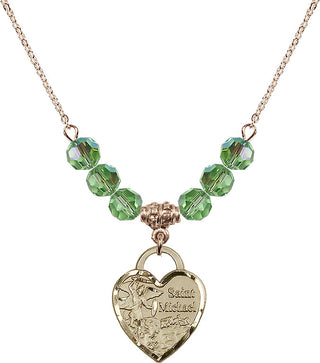 18" Hamilton Gold Plated Necklace with 4mm Peridot Crystal Beads featuring a 14kt Gold Filled Saint Michael the Archangel Medal. Engraved Catholic Saint Jewelry