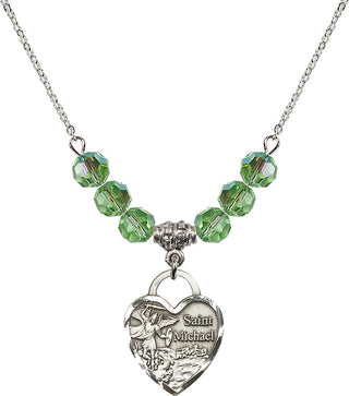 18" Rhodium Plated Necklace with 4mm Peridot Crystal Beads featuring a Sterling Silver Saint Michael the Archangel Medal. Engraved Catholic Saint Jewelry