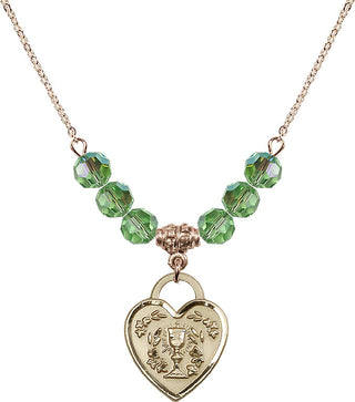 18" Hamilton Gold Plated Necklace with 4mm Peridot Crystal Beads featuring a 14kt Gold Filled Communion Heart Medal. Engraved Catholic Saint Jewelry
