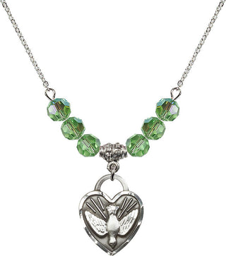 18" Rhodium Plated Necklace with 4mm Peridot Crystal Beads featuring a Sterling Silver Confirmation Heart Medal. Engraved Catholic Saint Jewelry