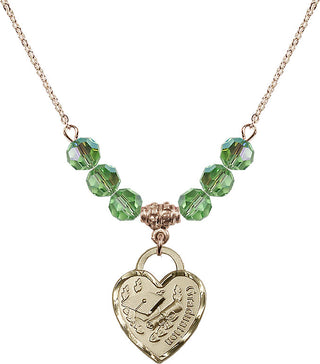 18" Hamilton Gold Plated Necklace with 4mm Peridot Crystal Beads featuring a 14kt Gold Filled Graduation Heart Medal. Engraved Catholic Saint Jewelry