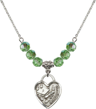 18" Rhodium Plated Necklace with 4mm Peridot Crystal Beads featuring a Sterling Silver Graduation Heart Medal. Engraved Catholic Saint Jewelry