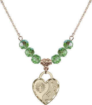 18" Hamilton Gold Plated Necklace with 4mm Peridot Crystal Beads featuring a 14kt Gold Filled Footprints Heart Medal. Engraved Catholic Saint Jewelry