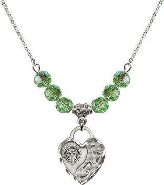 18" Rhodium Plated Necklace with 4mm Peridot Crystal Beads featuring a Sterling Silver Footprints Heart Medal. Engraved Catholic Saint Jewelry
