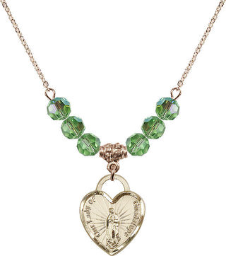 18" Hamilton Gold Plated Necklace with 4mm Peridot Crystal Beads featuring a 14kt Gold Filled Our Lady Guadalupe Heart / Recuerdo Medal.