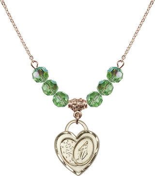 18" Hamilton Gold Plated Necklace with 4mm Peridot Crystal Beads featuring a 14kt Gold Filled Miraculous Heart Medal.