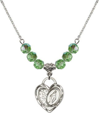18" Rhodium Plated Necklace with 4mm Peridot Crystal Beads featuring a Sterling Silver Miraculous Heart Medal.
