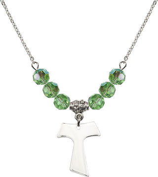 18" Rhodium Plated Necklace with 4mm Peridot Crystal Beads featuring a Sterling Silver Tau Cross Medal.