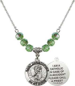 18" Rhodium Plated Necklace with 4mm Peridot Crystal Beads featuring a Sterling Silver Saint Christopher Medal.