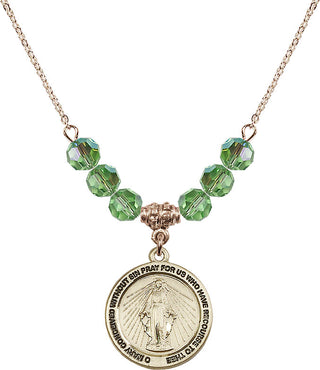 18" Hamilton Gold Plated Necklace with 4mm Peridot Crystal Beads featuring a 14kt Gold Filled Miraculous Medal.