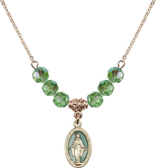 18" Hamilton Gold Plated Necklace with 4mm Peridot Crystal Beads featuring a 14kt Gold Filled Miraculous Medal.