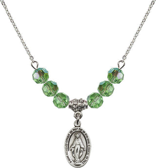 18" Rhodium Plated Necklace with 4mm Peridot Crystal Beads featuring a Sterling Silver Miraculous Medal.