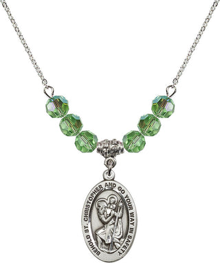 18" Rhodium Plated Necklace with 4mm Peridot Crystal Beads featuring a Sterling Silver Saint Christopher Medal. Engraved Catholic Saint Jewelry