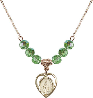 18" Hamilton Gold Plated Necklace with 4mm Peridot Crystal Beads featuring a 14kt Gold Filled Miraculous Medal.