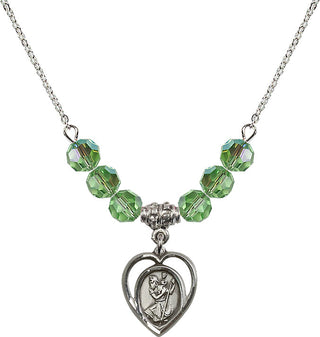 18" Rhodium Plated Necklace with 4mm Peridot Crystal Beads featuring a Sterling Silver Saint Christopher Medal.