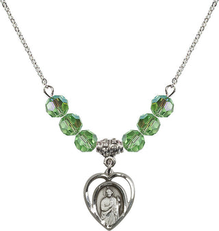 18" Rhodium Plated Necklace with 4mm Peridot Crystal Beads featuring a Sterling Silver Saint Jude Medal.