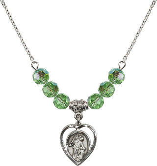 18" Rhodium Plated Necklace with 4mm Peridot Crystal Beads featuring a Sterling Silver Guardian Angel Medal.