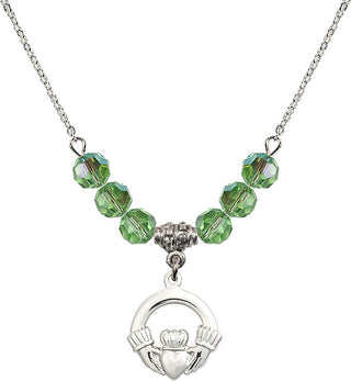 18" Rhodium Plated Necklace with 4mm Peridot Crystal Beads featuring a Sterling Silver Claddagh Medal.