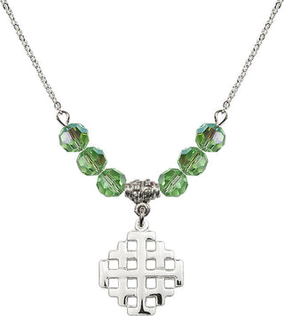 18" Rhodium Plated Necklace with 4mm Peridot Crystal Beads featuring a Sterling Silver Jerusalem Cross Medal.