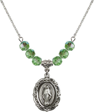 18" Rhodium Plated Necklace with 4mm Peridot Crystal Beads featuring a Sterling Silver Miraculous Medal.