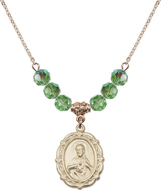 18" Hamilton Gold Plated Necklace with 4mm Peridot Crystal Beads featuring a 14kt Gold Filled Scapular Medal.