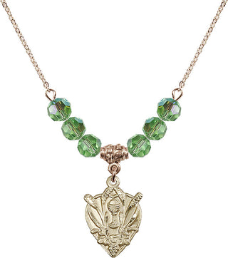 18" Hamilton Gold Plated Necklace with 4mm Peridot Crystal Beads featuring a 14kt Gold Filled Communion Medal.