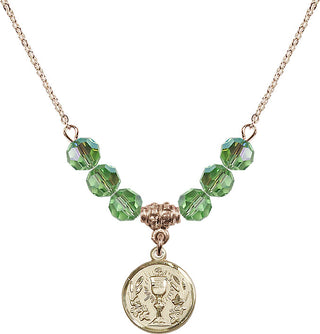 18" Hamilton Gold Plated Necklace with 4mm Peridot Crystal Beads featuring a 14kt Gold Filled Communion Chalice Medal.