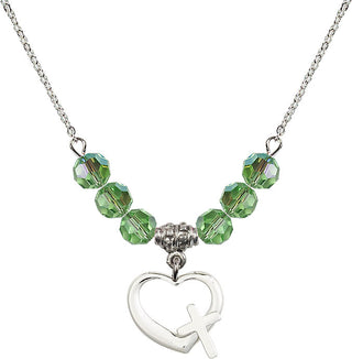 18" Rhodium Plated Necklace with 4mm Peridot Crystal Beads featuring a Sterling Silver Heart / Cross Medal.