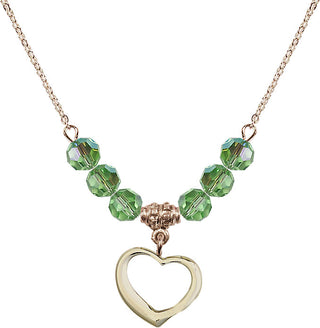18" Hamilton Gold Plated Necklace with 4mm Peridot Crystal Beads featuring a 14kt Gold Filled Heart Medal.