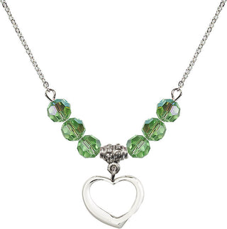 18" Rhodium Plated Necklace with 4mm Peridot Crystal Beads featuring a Sterling Silver Heart Medal.