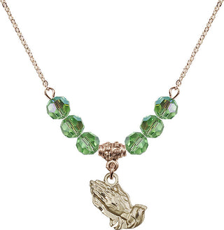 18" Hamilton Gold Plated Necklace with 4mm Peridot Crystal Beads featuring a 14kt Gold Filled Praying Hands Medal.