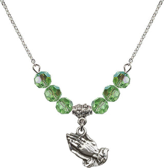 18" Rhodium Plated Necklace with 4mm Peridot Crystal Beads featuring a Sterling Silver Praying Hands Medal.