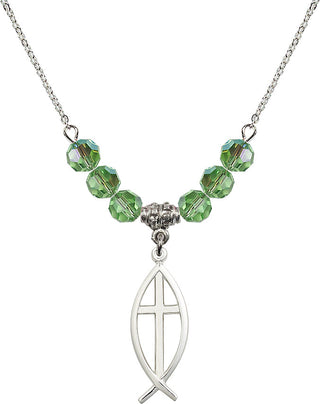 18" Rhodium Plated Necklace with 4mm Peridot Crystal Beads featuring a Sterling Silver Fish / Cross Medal.