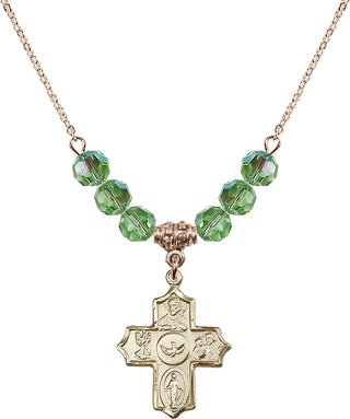 18" Hamilton Gold Plated Necklace with 4mm Peridot Crystal Beads featuring a 14kt Gold Filled 5-Way Medal.