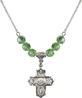 18" Rhodium Plated Necklace with 4mm Peridot Crystal Beads featuring a Sterling Silver 5-Way Medal.
