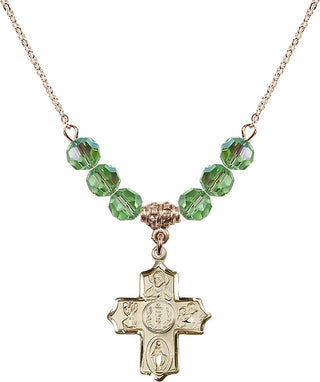 18" Hamilton Gold Plated Necklace with 4mm Peridot Crystal Beads featuring a 14kt Gold Filled 4-Way Medal.