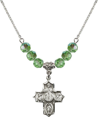 18" Rhodium Plated Necklace with 4mm Peridot Crystal Beads featuring a Sterling Silver 4-Way Medal.