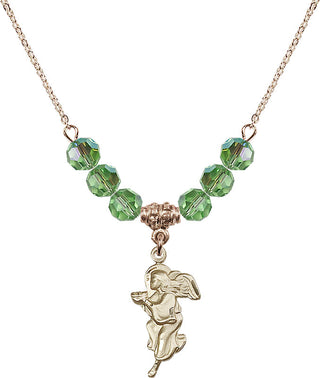 18" Hamilton Gold Plated Necklace with 4mm Peridot Crystal Beads featuring a 14kt Gold Filled Guardian Angel Medal.