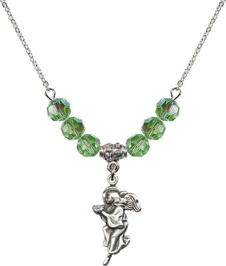 18" Rhodium Plated Necklace with 4mm Peridot Crystal Beads featuring a Sterling Silver Guardian Angel Medal.
