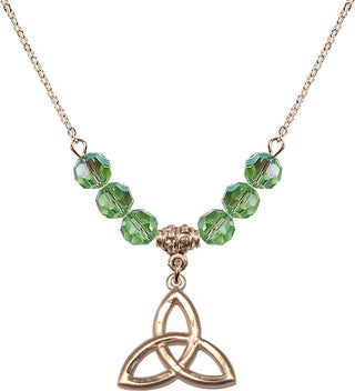 18" Hamilton Gold Plated Necklace with 4mm Peridot Crystal Beads featuring a 14kt Gold Filled Trinity Irish Knot Medal.